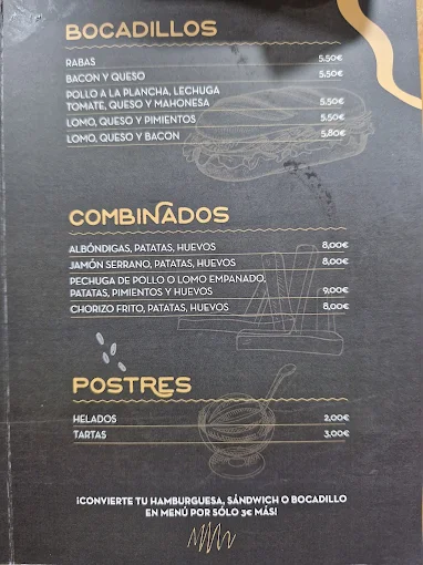 Carta de bocadillos, combinados y postres