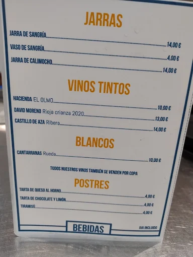 Carta de jarras, vinos y postres