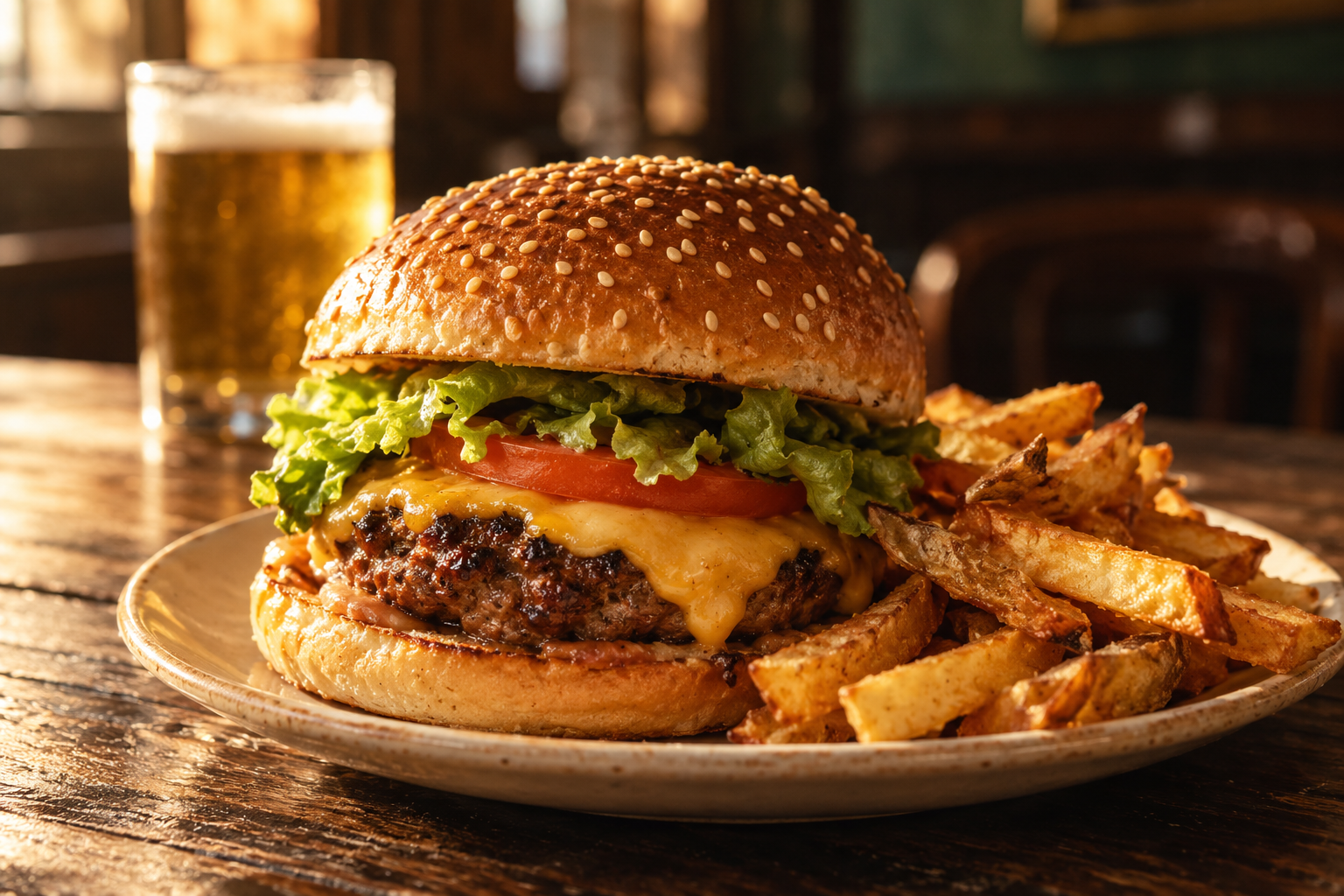 Hamburguesa con queso y patatas en una mesa de bar; imagen ilustrativa